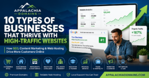SEO website traffic growth illustration showing analytics dashboard, search rankings, and business website success for companies that benefit from high-traffic websites.